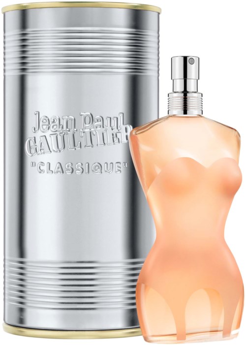 Ein Parfümflasche in Frauenkörperform und ein silberner Behälter mit der Aufschrift 'Jean Paul Gaultier Classique'.