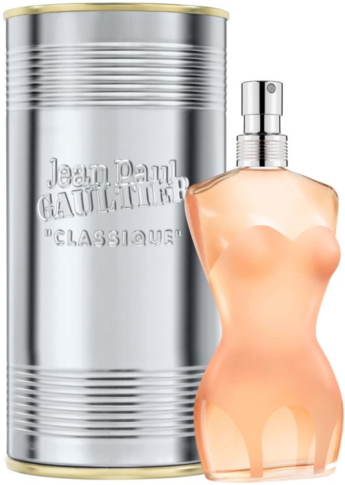 Een parfumfles in de vorm van een vrouwenlichaam naast een metalen blik met Jean Paul Gaultier Classic.