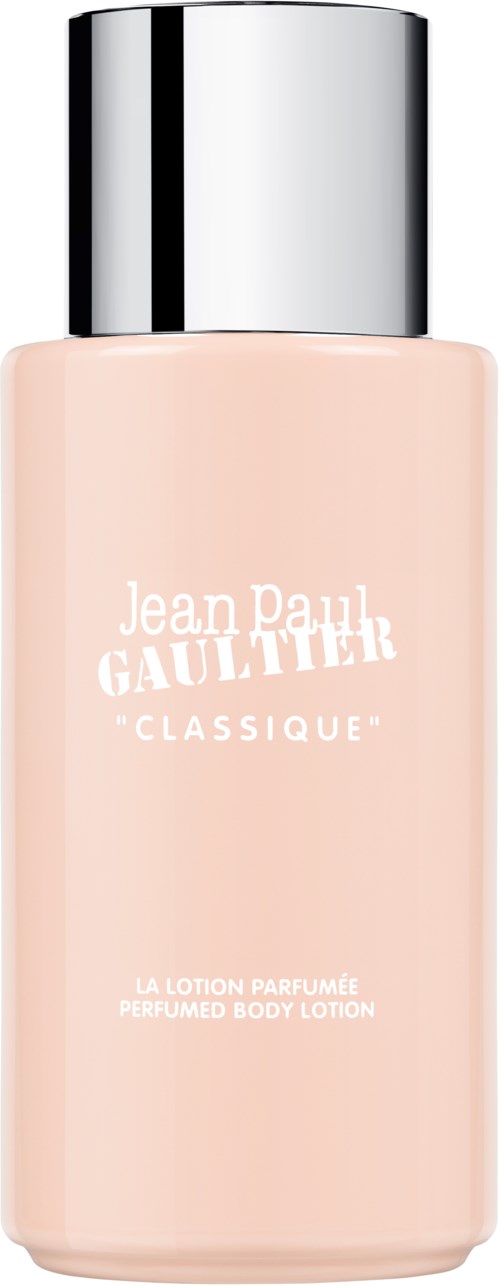 Een roze parfumlichamesslotflacon met zilveren dop, gemarkeerd Jean Paul Gaultier Classique.