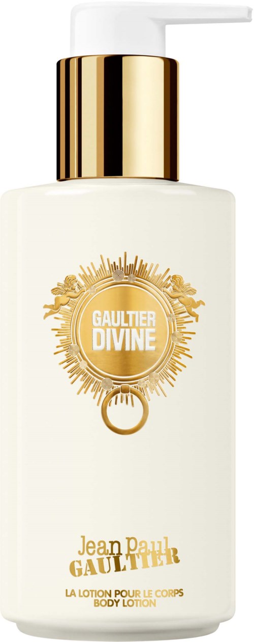 Een witte bodylotionfles met een gouden pomp en label met de tekst 'Gaultier Divine' en 'Jean Paul Gaultier'.