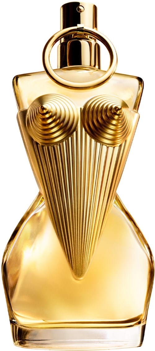 Een glanzende gouden parfumfles met een unieke, elegante vorm en decoratieve dop.