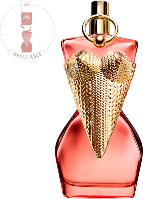 Een parfumfles met een gouden, slang-achtig hart en een roze-rode glazen container.