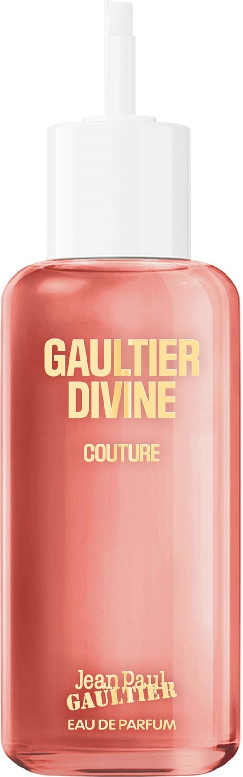 Een roze parfumfles met het label Gaultier Divine Couture en een witte spuitdop.