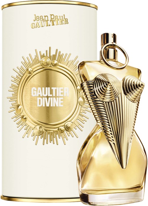 Een luxe parfumbotkel met gouden details en een elegant ontwerp, gemerkt Jean Paul Gaultier Divine.