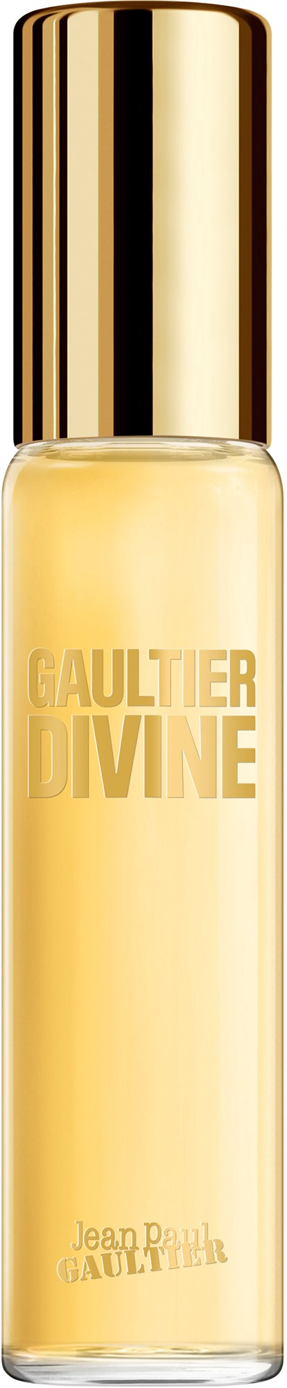 En tydlig flaska med guldkapsel, märkt 'GAULTIER DIVINE' och 'Jean Paul Gaultier'.