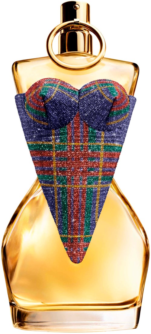 Een parfumbottle versierd met een kleurrijke, patroonachtige stof die de vorm van een jurk vormt.