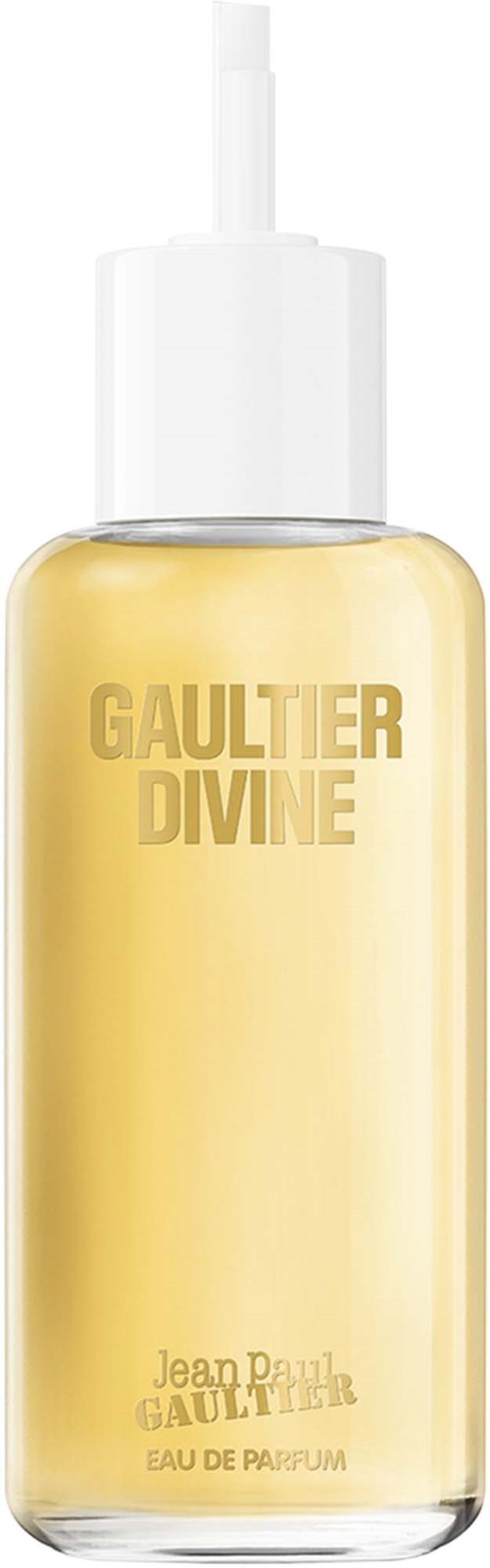 Een gele parfumfles met een witte spraytop en gouden tekst. Het zegt Gaultier Divine door Jean Paul Gaultier.