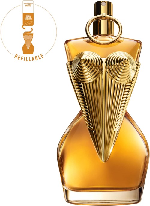 Een parfumfles met gouden details en een hervulbaar logo die duurzaamheid aangeeft.