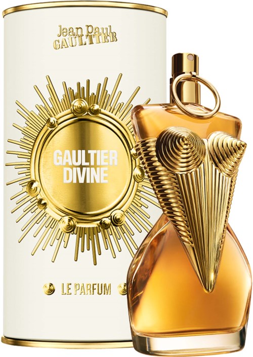 Een parfumfles met gouden details en een ronde gouden en witte container met tekst en ontwerp.