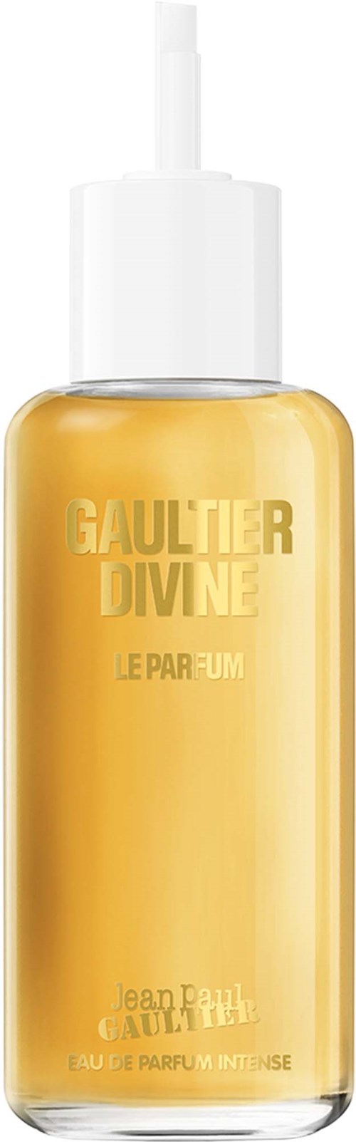 Een gele parfumbidon met een witte spraykop en label met Gaultier Divine door Jean Paul Gaultier.