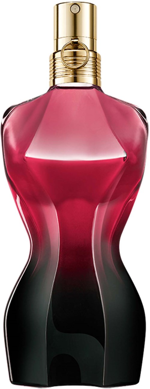Ein Parfümflasche mit wellenförigem Design, rot bis schwarz verlaufend, mit goldenem Sprühkopf.