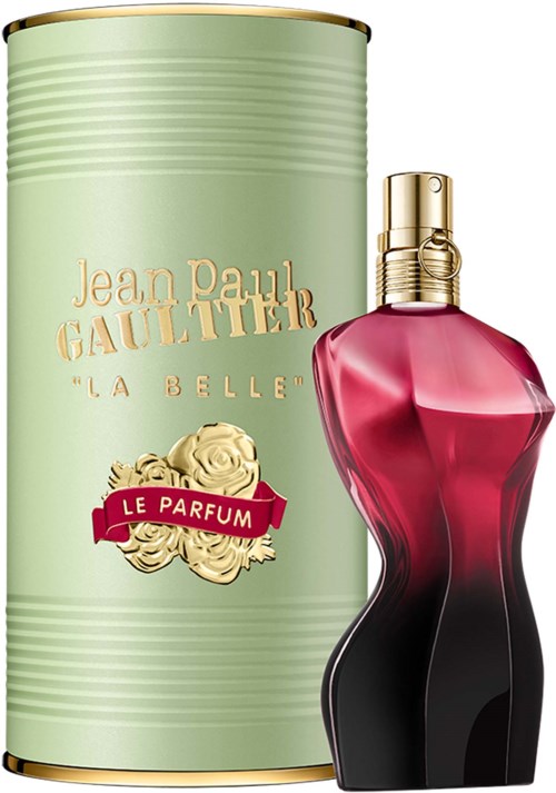 Ein Parfümflasche mit geschwungener Form in Pink und Schwarz neben einem zylindrischen grünen Behälter. Der Behälter hat goldene und pinke Schrift.
