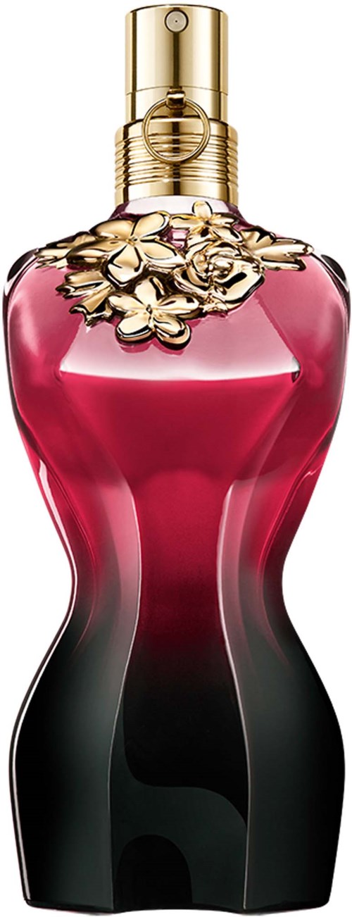 Een lange elegante parfumfles met zwart-naar-roze verloop, gouden bloemdecoratie en gouden dop.