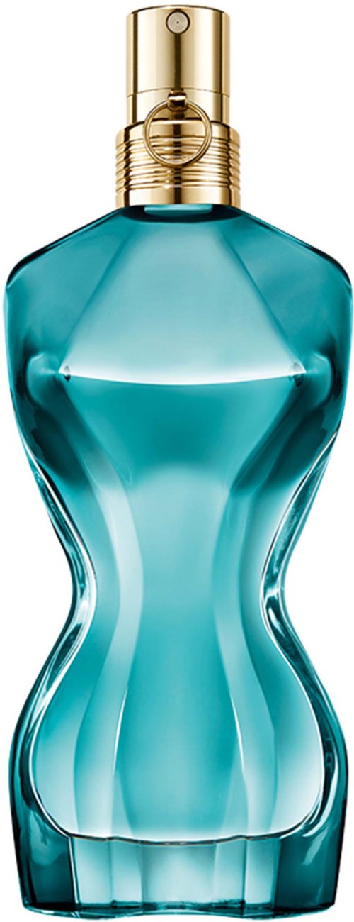A stylish perfume bottle with a curvy, blue glass body and a gold spray top.