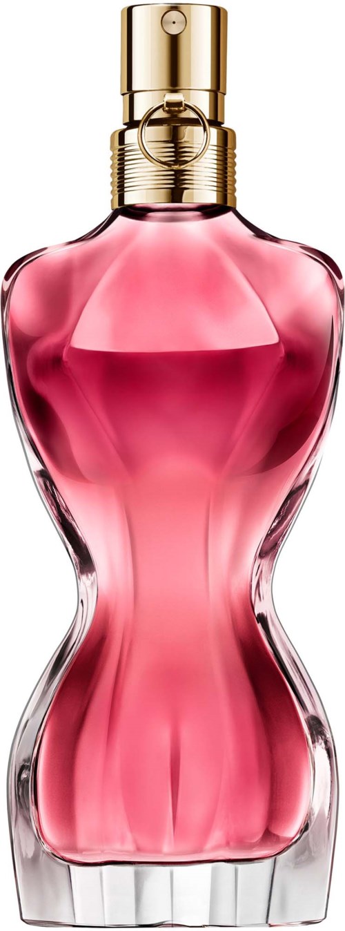 En rosa parfymflaska med guldspray och en kurvig, elegant form.
