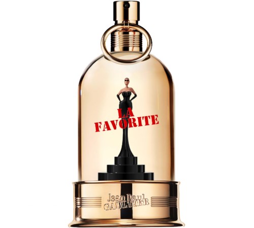 En parfymflaska med en figurstand inuti, märkt La Favorite, av Jean Paul Gaultier.