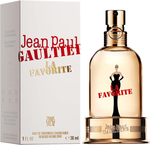 Parfymflaska och förpackning med en silhuett av en kvinna i svart klänning, med orden La Favorite och Jean Paul Gaultier.