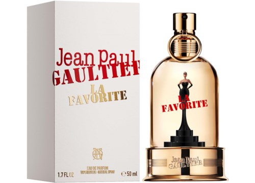 Parfymflaska och förpackning med namnet Jean Paul Gaultier La F�vrite, guld- och svartdetaljer, och en silhuett av en modell.