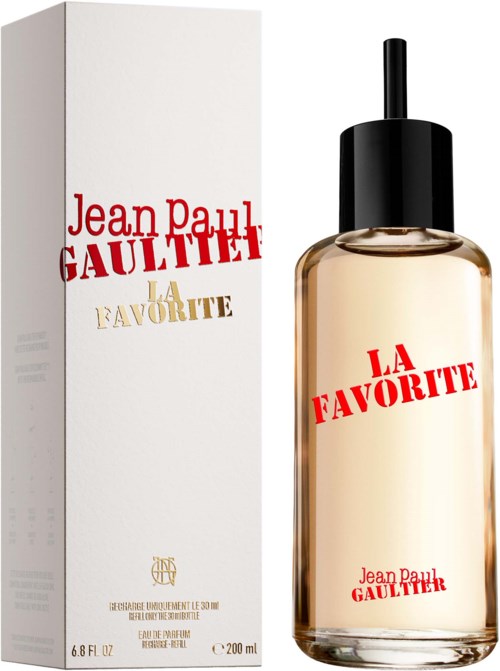 Parfymflaska med svart lock bredvid vit box, båda märkta Jean Paul Gaultier La Favorite i röd och guld text.