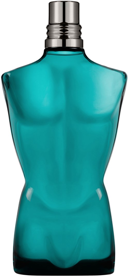 Eine Flasche Männerparfüm in Form eines Oberkörpers, mit türkiser Flüssigkeit und silberner Kappe.
