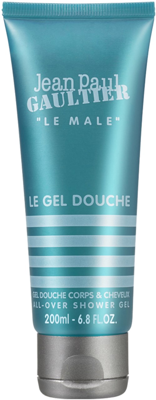 Blauer Tube mit weißem Text, zeigt es ist Jean Paul Gaultier Duschgel namens 'Le Male'.