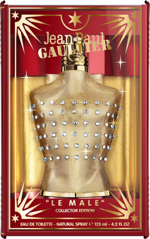 Gul mannequinkropp med blå och vita stenar i paket som heter Jean Paul Gaultier Le Male collector edition.