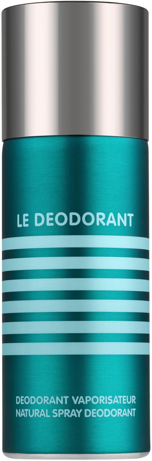 Eine türkisblaue Spray-Deodorantflasche mit silberner Kappe, beschriftet "Le Deodorant" und Hinweise auf natürlichen Sprühduft.