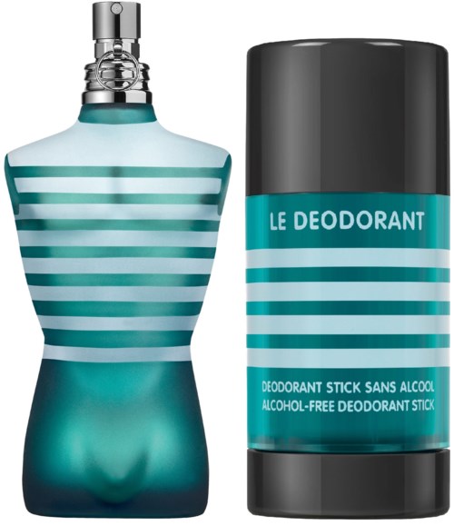 Ein Parfümflasche und ein Deo-Stick, beide mit blauen und weißen Streifen, stehen nebeneinander.
