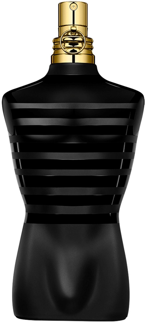 Eine schwarze Flasche mit horizontalen Streifen und einem goldenen Sprühkopf, wahrscheinlich ein Parfüm oder Duftbehälter.