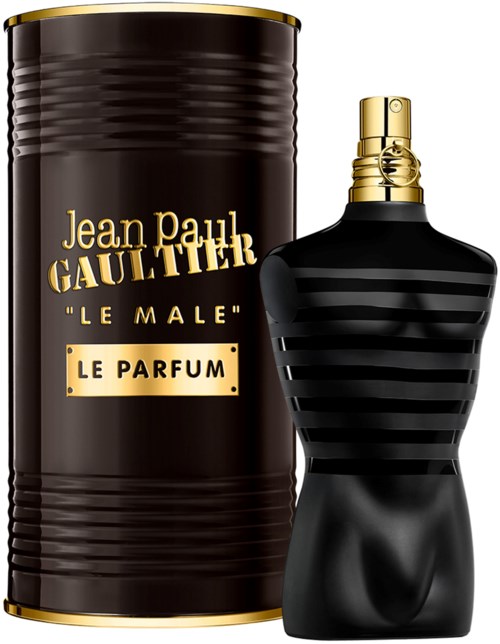 Ein Parfümflasche in Form eines männlichen Rumpfes, schwarz mit Streifendekor, und eine passende zylinderförmige Dose, schwarz und gold.