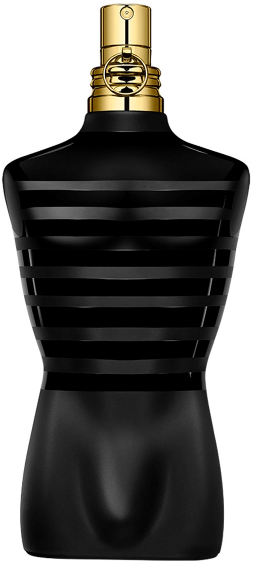 Eine elegante schwarze Parfümflasche mit goldener Sprühkappe und horizontalen Streifen, geformt wie ein menschlicher Oberkörper.
