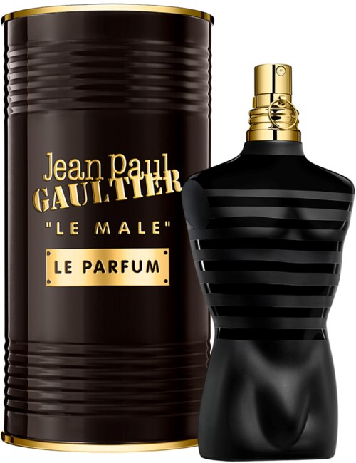 Eine schwarze, gestreifte Parfümflasche neben einem zylindrischen braunen Behälter mit goldener und weißer Aufschrift für 'Jean Paul Gaultier Le Male'