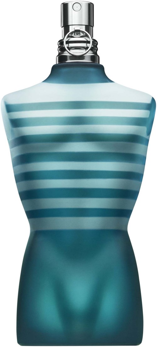 Ein Parfümflakon in Form eines Frauenkörpers mit blauen und weißen horizontalen Streifen und einem Sprühkopf.