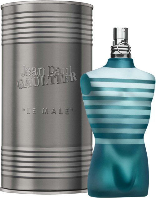 Ein Parfümflasche in Form eines männlichen Torso und eine zylindrische Metallschachtel. Flasche mit blauen und weißen Streifen.