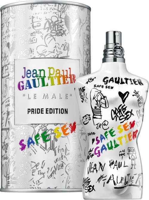 Valkoinen suihkepullo ja säiliö, joissa graffitityyliset värikkäät kirjoitukset ja doodlet, Jean Paul Gaultierin Pride Edition.