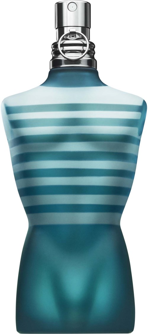 Ein Parfümflasche in menschlicher Oberkörperform, mit blauen und weißen Streifen und Pumpspray-Kappe.