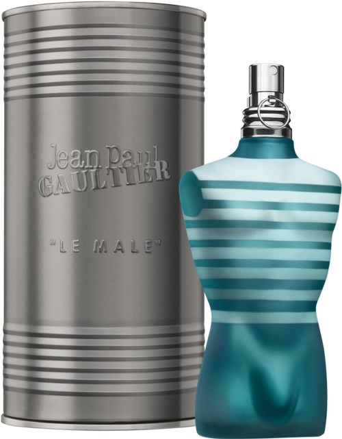 Ein Parfümflasche in Form eines weiblichen Torsos mit blauen und weißen Streifen und einem silbernen Verschluss. Daneben steht eine silberne Zylinderbox.