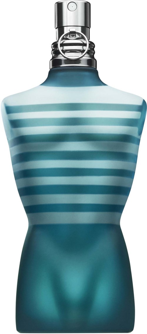 Ein Parfümflasche in menschlicher Torsoform mit blauen und weißen Streifen und silberner Sprühkappe.
