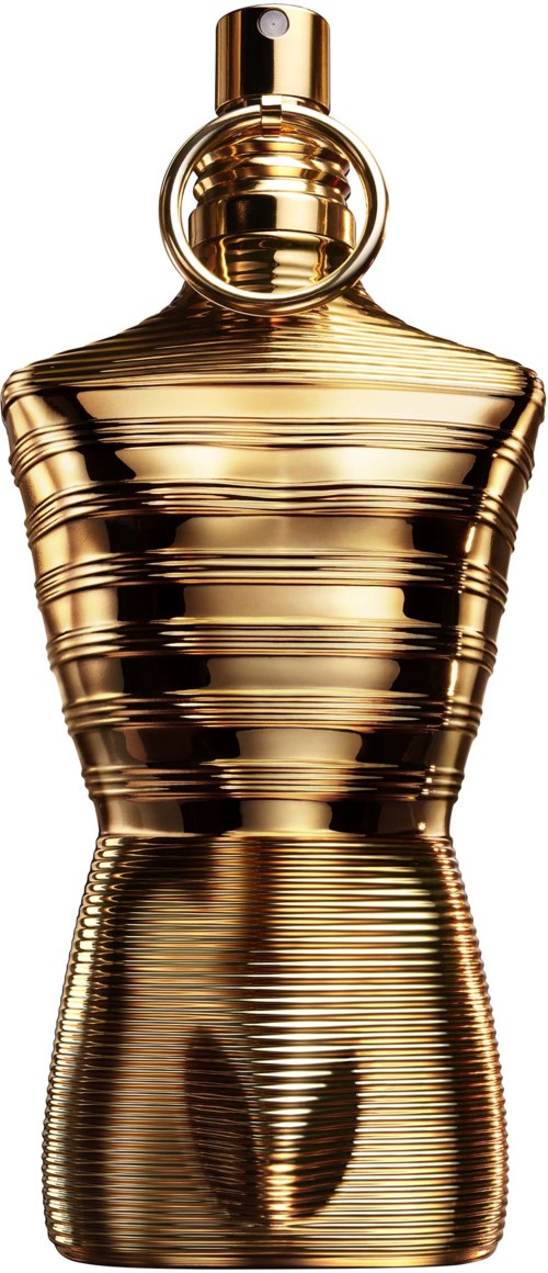 Eine glänzende goldene Parfümflasche mit rundem Deckel und gestreiftem Design.