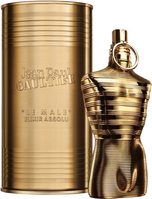 Eine goldene Parfümflasche und passender zylindrischer Behälter, beide mit horizontalen Linien und einer glänzenden, reflektierenden Oberfläche.