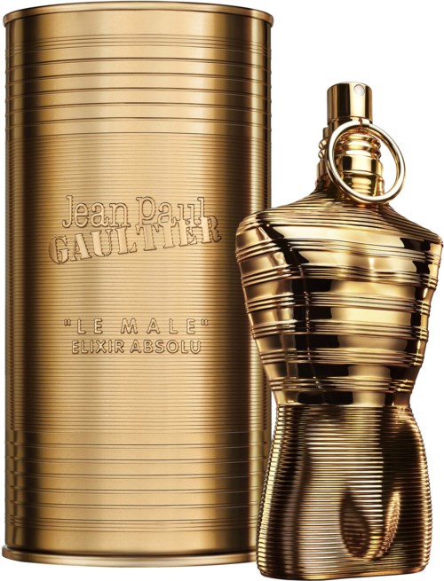 Eine goldfarbene Parfümflasche in Form eines männlichen Torsos und eine hohe, zylindrische Golddose mit Text.