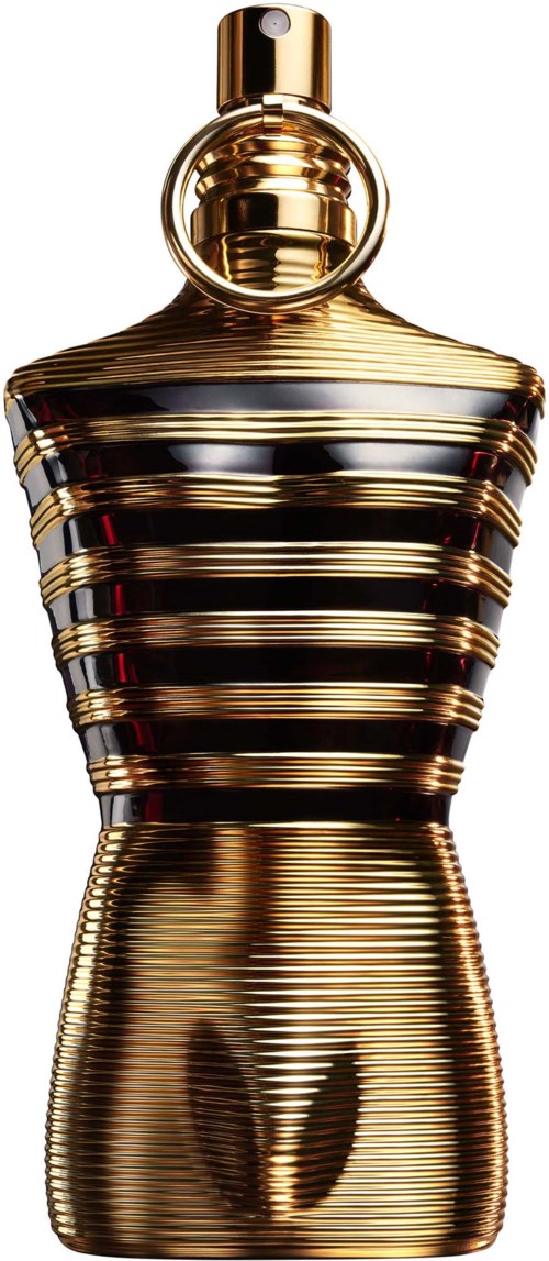 Gold und schwarz gestreiftes Parfümflasche in Form eines Frauen-torsos mit runder Oberseite und schlankem Design.