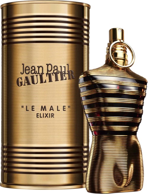Ein Parfümflasche in Form eines männlichen Oberkörpers und eine runde Dose mit goldenen und schwarzen Streifen.