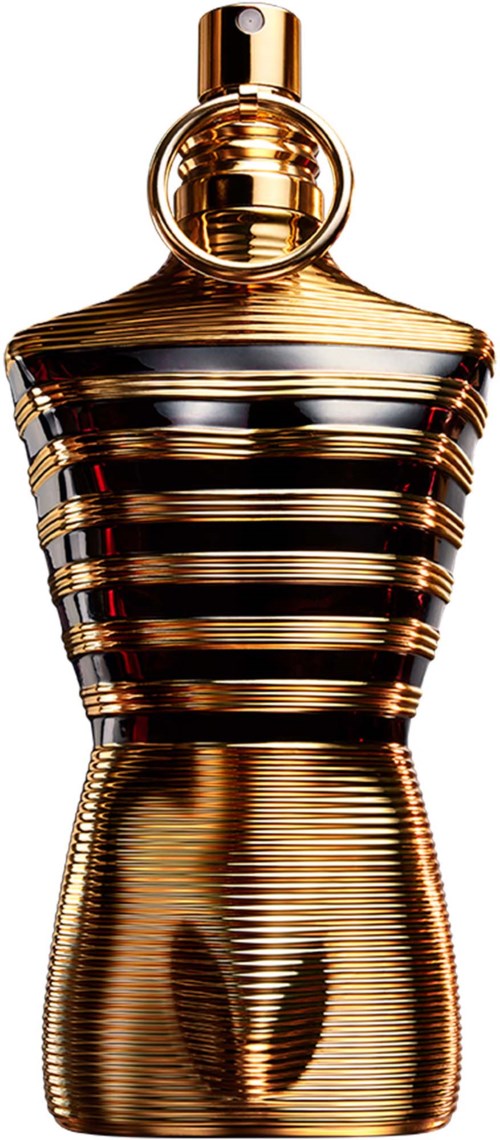 Ein glänzender, goldener Parfümflakon mit schwarzen Streifen, in Form eines weiblichen Torsos und mit rundem Sprühkopf.