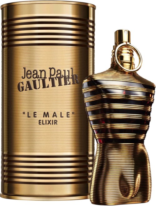 Ein goldfarbener Parfümflakon in Form eines Männertorsos. Es steht neben einer goldfarbenen Dose mit schwarzem Text.