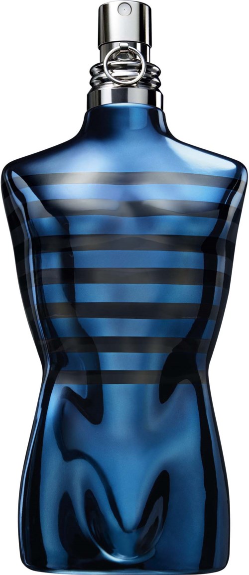 Blue striped bottle with a silver cap modeled after a human torso. It has a curvy shape and a shiny surface.