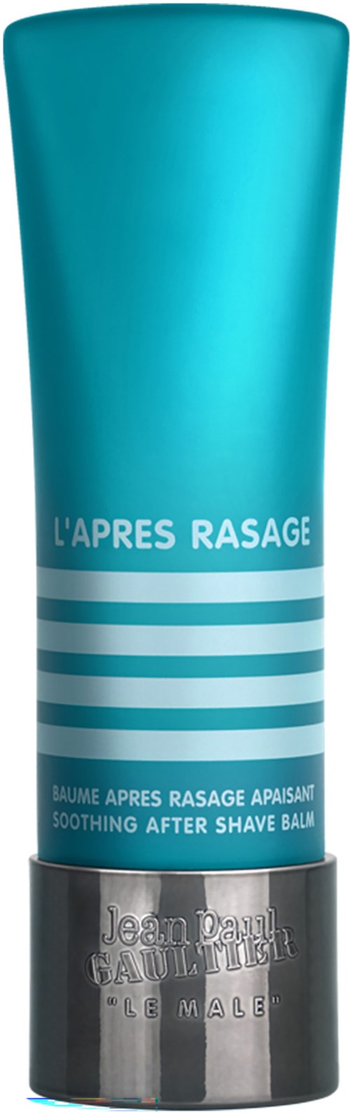 Een blauwe tube met witte strepen en zilveren onderkant, bevat verfrissende aftershave balsem voor mannen.