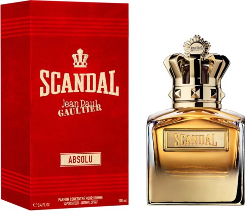 Een parfumfles met een kroonvormige dop en een rode doos, beiden gelabeld Scandal Absolu door Jean Paul Gaultier.