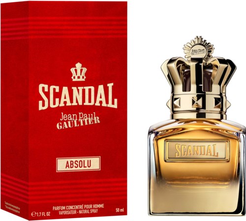 Een parfumfles en een rode doos met het woord Scandal en een kroon, voor een luxe geur voor mannen.