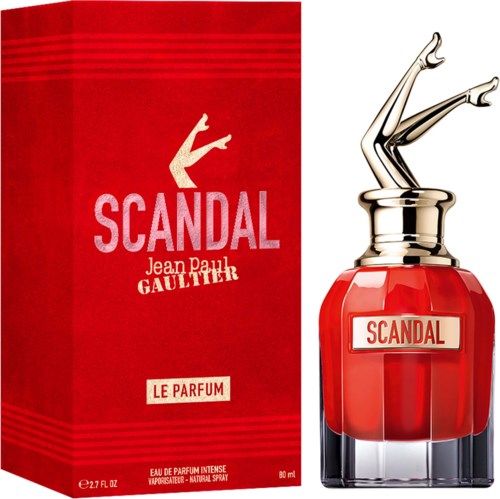 Een parfumfles en doos in felle rode kleuren met een slangachtig ontwerp op de bovenkant, genaamd Scandal door Jean Paul Gaultier.